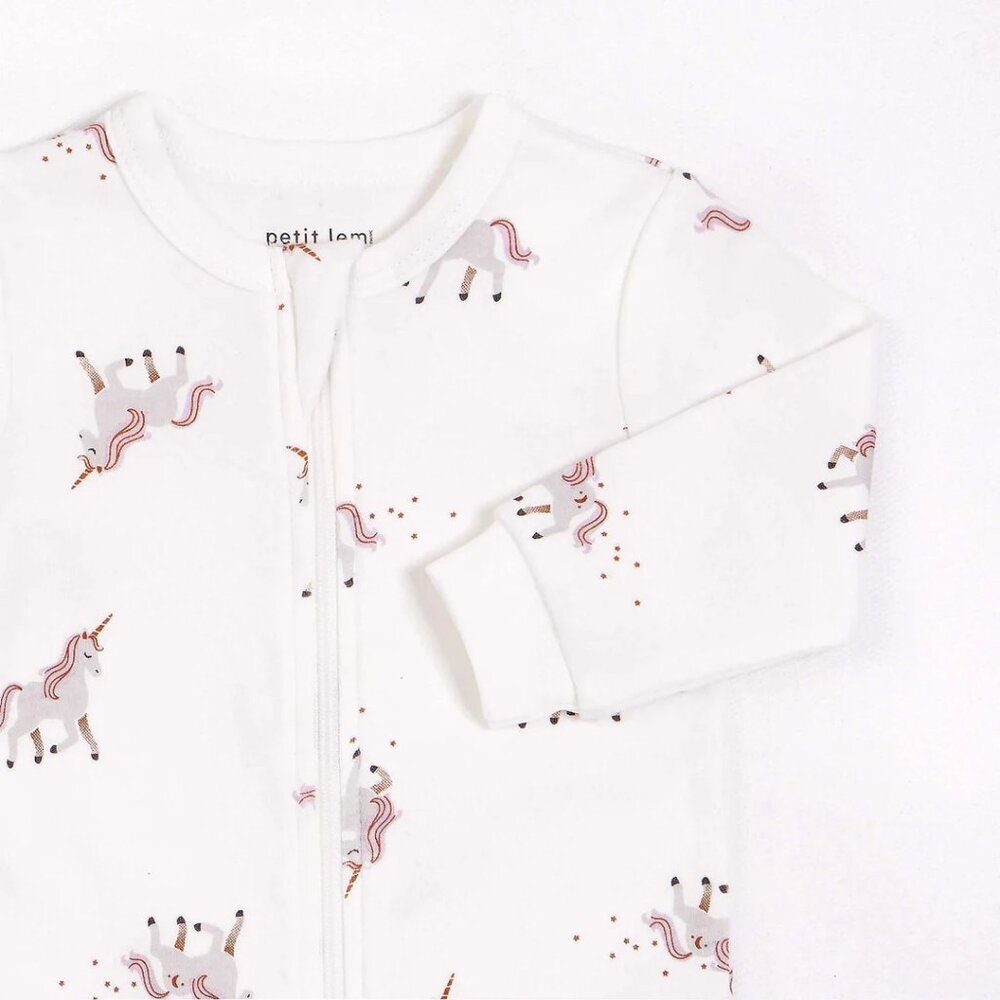 Petit Lem Unicorn Print on Off-White Footed Sleeper 3-6M